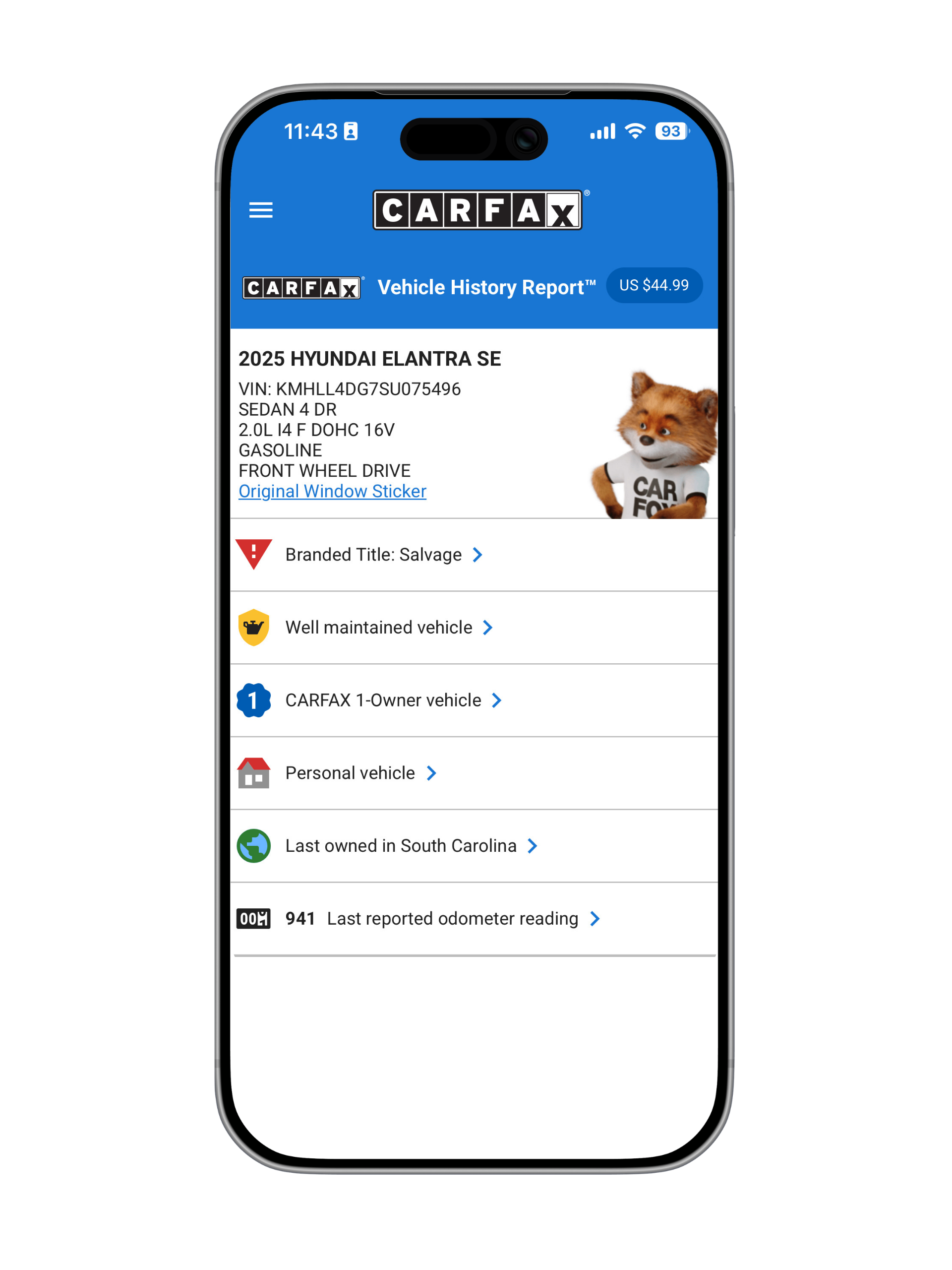 Sample CARFAX vehicle history report — page 1